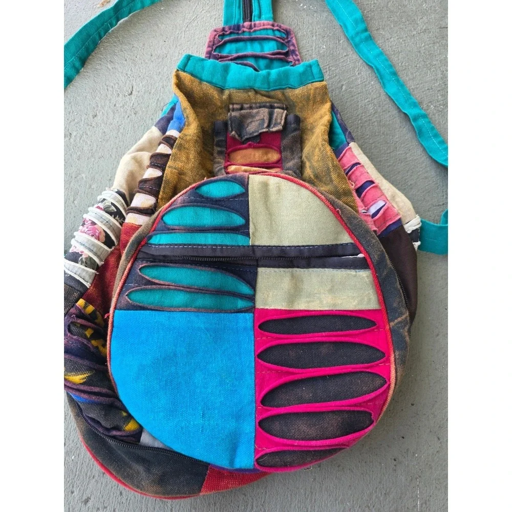 Boho‎ Patchwork Razor Cut Sling Backpack Multi Color Cotton Hippie Festival E2